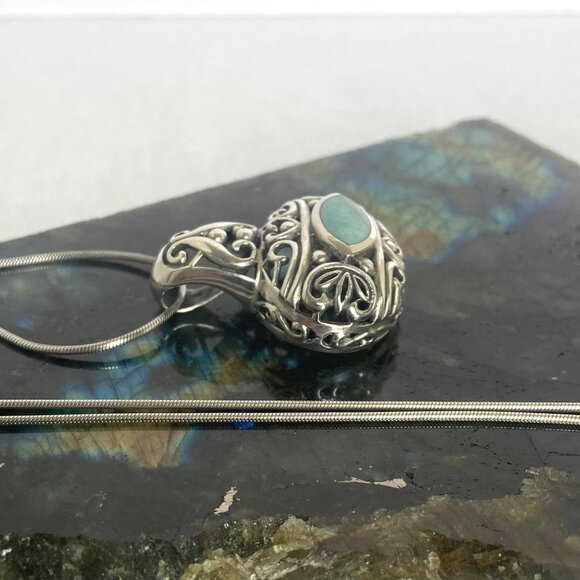 Sterling Silver 925 Chunky Bali Style Scrollwork Turquoise Pendant Necklace 18" - Picture 3 of 16